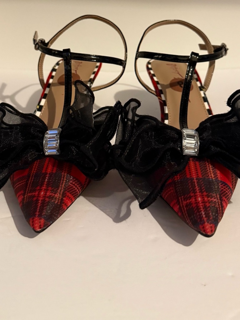 Betsey Johnson Red Tartan Pointed T-Strap Heels with Black Ruffle